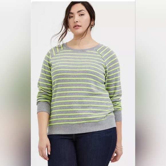 torrid Sweaters - Torrid Grey & Neon Yellow Stripe Fleece Raglan Sweatshirt | Size 2